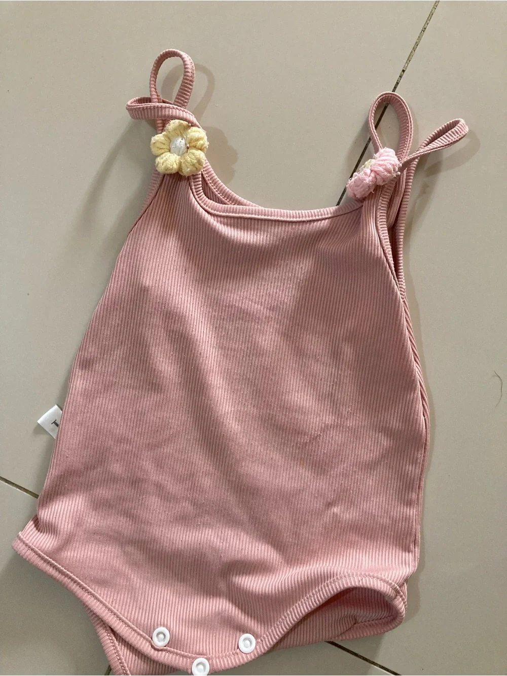Pink Ribbed Baby Romper with Flower Straps